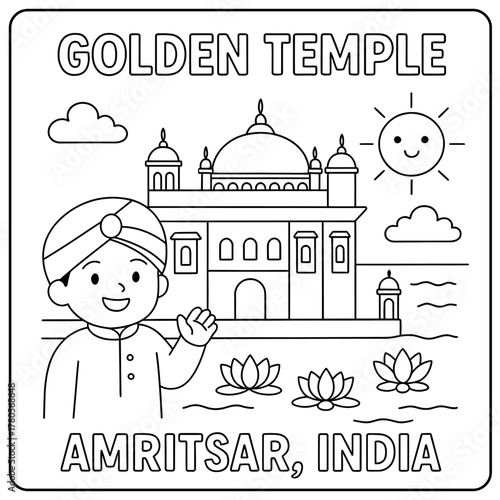Coloring page of golden temple in amritsar india with boy sun and lotus flowers