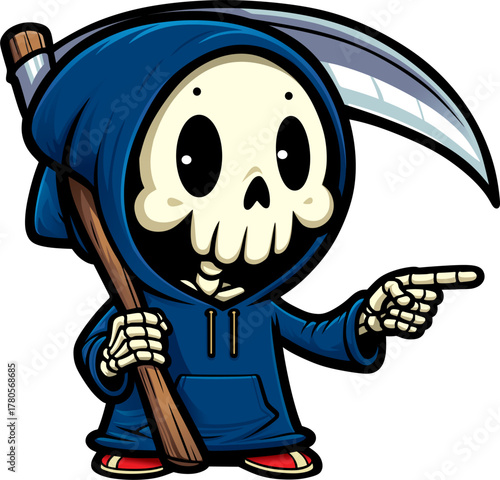 Little Grim Reaper is a signpost. In a blue robe, red sneakers, holding a scythe in his hands