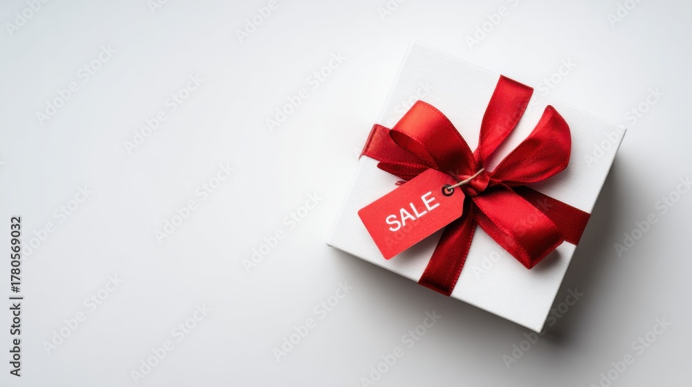 Fototapeta premium White gift box with red ribbon and sale tag on minimalist background ideal for holiday discount advertising e-commerce banners and festive marketing visuals