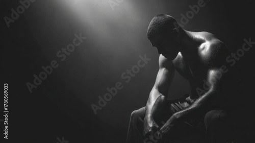 Boxer in dark room reflects on challenges and strength in dramatic lighting
