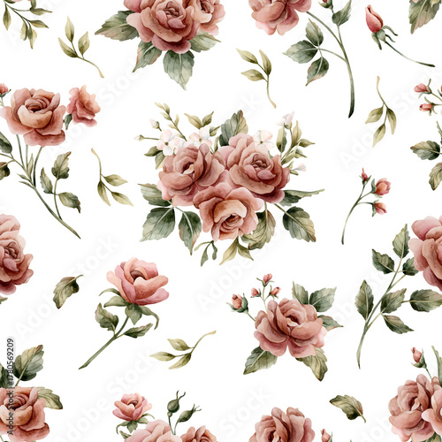 Rose flower seamless pattern on white background Dusty pink garden Victorian Watercolor hand painted floral illustration