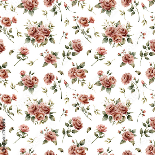Rose flower seamless pattern on white background Dusty pink garden Victorian Watercolor hand painted floral illustration
