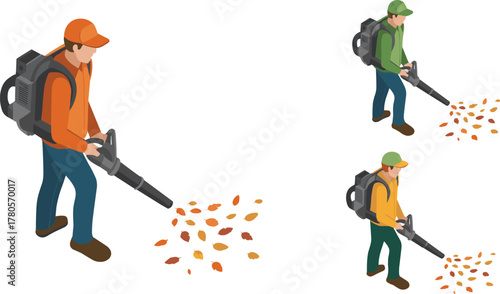 Isometric illustration of workers cleaning autumn leaves using leaf blowers, seasonal maintenance concept, professional landscape service equipment, vector design