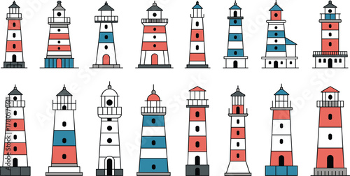 Set of colorful lighthouse vector illustrations, maritime navigation beacon icons, coastal architecture design collection, red white blue striped towers, ocean theme