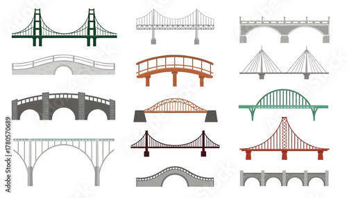Collection of various bridge designs and structures in different colors and styles on a white background