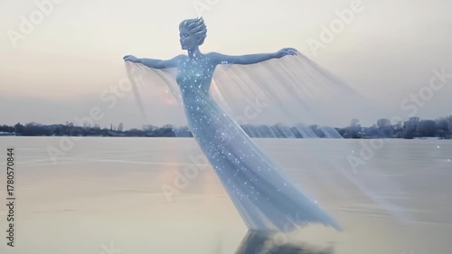 Ethereal figure in flowing gown gracefully dances on frozen lake, showcasing enchanting movements and shimmering fabric, camera pans across scene