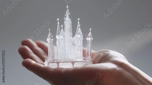 Hand holding a delicate crystal castle figurine, showcasing intricate details and craftsmanship, as the camera smoothly zooms in to highlight its beauty and elegance