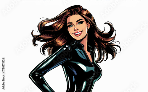 confident woman with long, glossy flowing hair wearing a tight black outfit and smiling boldly. Generative ai vector colorful pop art illustration.
