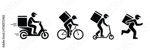 Black Delivery Icon Set Featuring Person on Scooter, Bike, Kick Scooter and Running