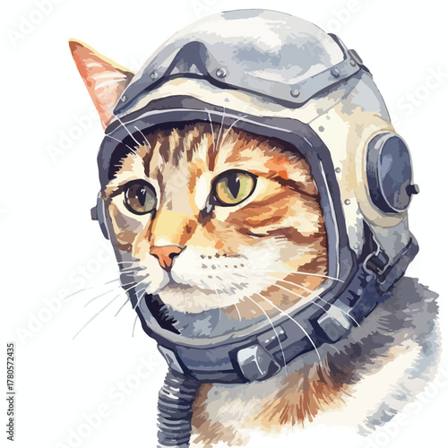 Tabby Cat Astronaut with Detailed Helmet and Focused Gaze in Watercolor Style