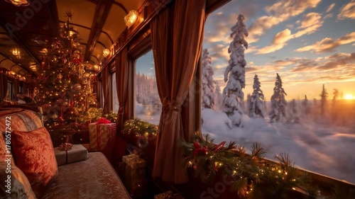 Cinematic train ride with Christmas tree and moving snowy landscape view, motion footage