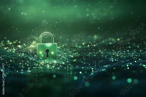 vast sea of shimmering digital data points - a radiant padlock stands as a beacon of cybersecurity and protection green background
