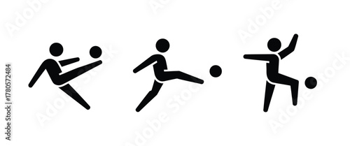 Black Pictograms Showcasing a Soccer Player Kicking, Heading, and Controlling a Ball on White