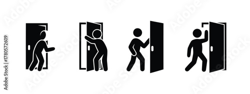 Person Opening Door Pictogram Series Entrance, Exit, Opening, and Closing Stages