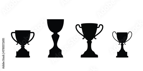 Four Black Silhouette Trophy Cups Different Shapes Sizes, Award Symbolizing Achievement Success