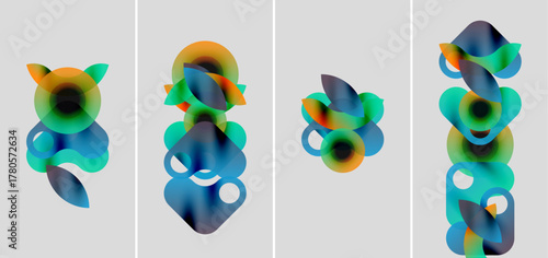 Abstract colorful shapes overlap, creating dynamic compositions. Four panels display variations, gradients blend smoothly. Modern design elements present.