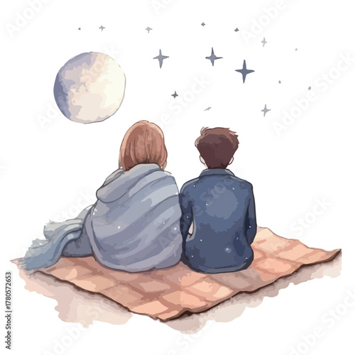 Two figures under a starry night wrapped in blankets sharing a moment