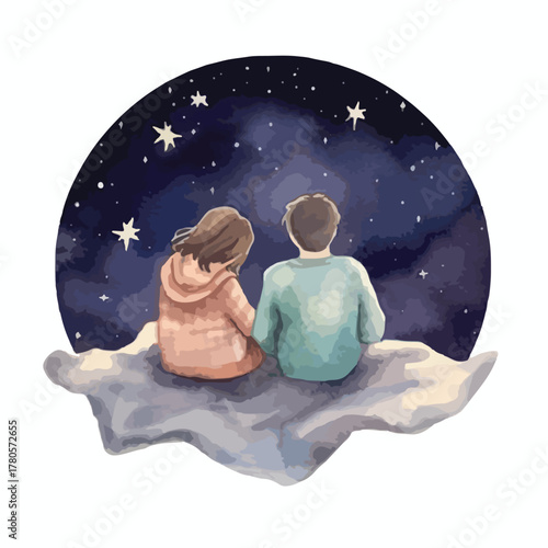 Two figures gazing at a starry night sky on a cloud