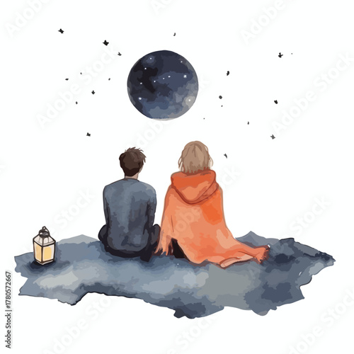 Two Figures Under a Starry Night Gazing at the Moon