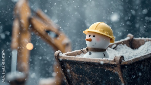 Wallpaper Mural Snowman in a construction helmet sits in a front-end loader bucket during a snowfall Torontodigital.ca