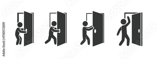 Stick Figures Opening Doors Illustration Entering, Pushing, Using Handle, Walking Through Doors