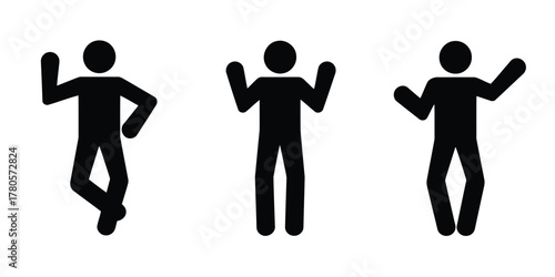 Three Black Stick Figures Posing with Arms Raised and Legs Apart on White