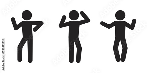 Three Silhouetted Stick Figures Dancing or Posing with Different Arm Placements on White