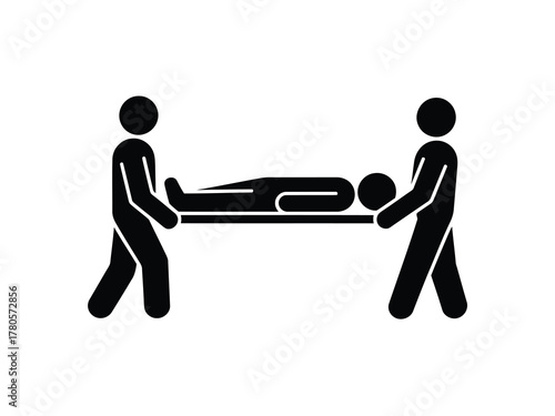 Two People Carrying Person on Stretcher Pictogram Illustration Black on White Background
