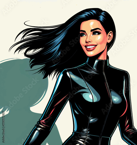 confident woman with long, glossy flowing hair wearing a tight black outfit and smiling boldly. Generative ai vector colorful pop art illustration.