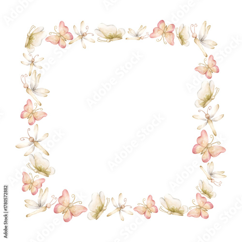 Cute Butterfly Dragonfly Frame. Watercolor hand painted summer pastel neutral isolated illustration on white background