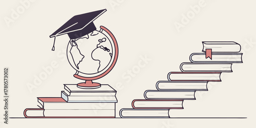 Vector globe with graduation cap and book, representing study abroad, education, and international academic opportunities.
