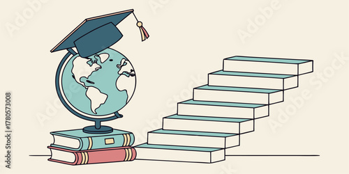 Study abroad concept design showing globe with graduation cap on book, vector illustration for global education and learning.