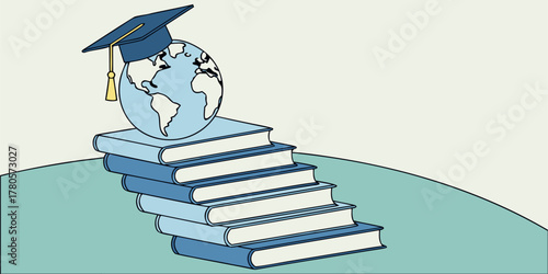 Study abroad and international education concept vector, featuring globe, graduation cap, and book for learning and academic design.