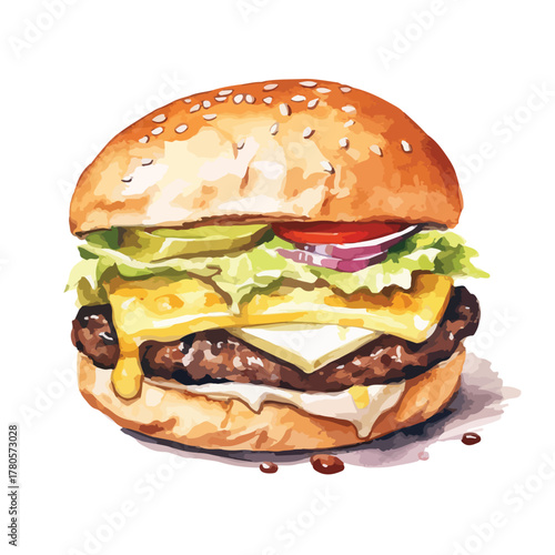 Vibrant Watercolor Style Gourmet Burger with Melted Cheese (1)