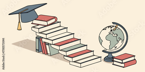Vector illustration of globe with graduation cap on book, symbolizing education, study abroad programs, and international learning concept.