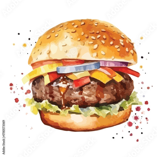 Vibrant Watercolor Style Gourmet Burger with Toppings
