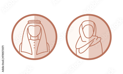 Saudi people avatars in circle. Arab man and woman line icons. Vector