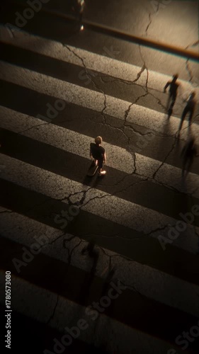 4K seamless 3D loop of a skateboarder standing still in the middle of a crosswalk as a blurred crowd moves past. Cinematic, moody, and symbolic — isolation, individuality, and time standing still.