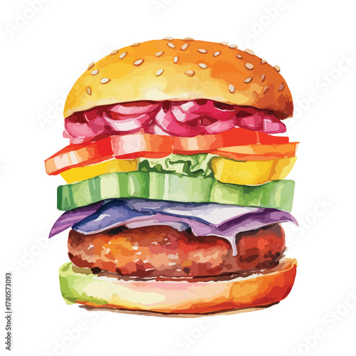 Vibrant Watercolor Style Veggie Burger with Sesame Bun