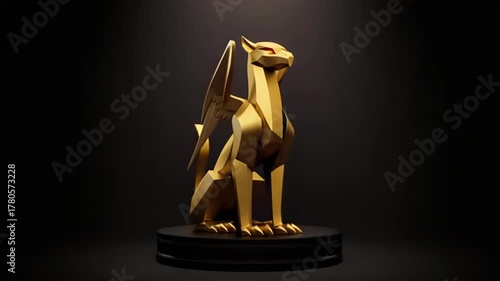 Golden griffin statue with intricate details, showcasing a majestic pose, as the camera performs a smooth zoom in to highlight its features and craftsmanship