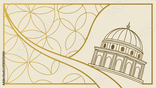Golden dome and floral pattern on beige background with golden frame