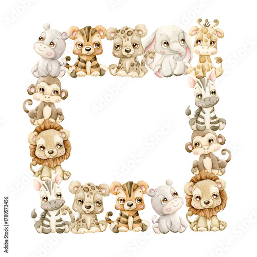 Cute Animals Frame. Safari Jungle Tropical Exotic Watercolor summer pastel neutral illustration on white background