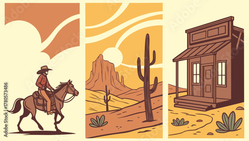 Cowboy riding, desert landscape, and saloon building illustrations in vintage style