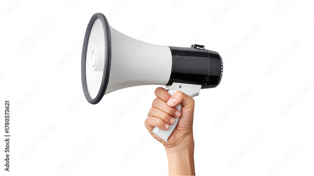 Naklejka premium Hand Holding Megaphone on White Background for Announcement