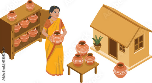 Isometric illustration of Indian woman holding clay pot, traditional pottery workshop, handmade earthenware crafts, rural village artisan, cultural heritage scene