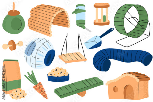 Flat style vector set of hamster accessories and supplies. Includes wheel, tunnel, cage toys, food, water bottle, and house. Perfect for pet shop, animal care and small pets designs.