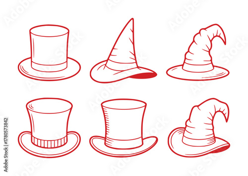 Collection of Red Line Art Hats Top Hats and Witch Hats