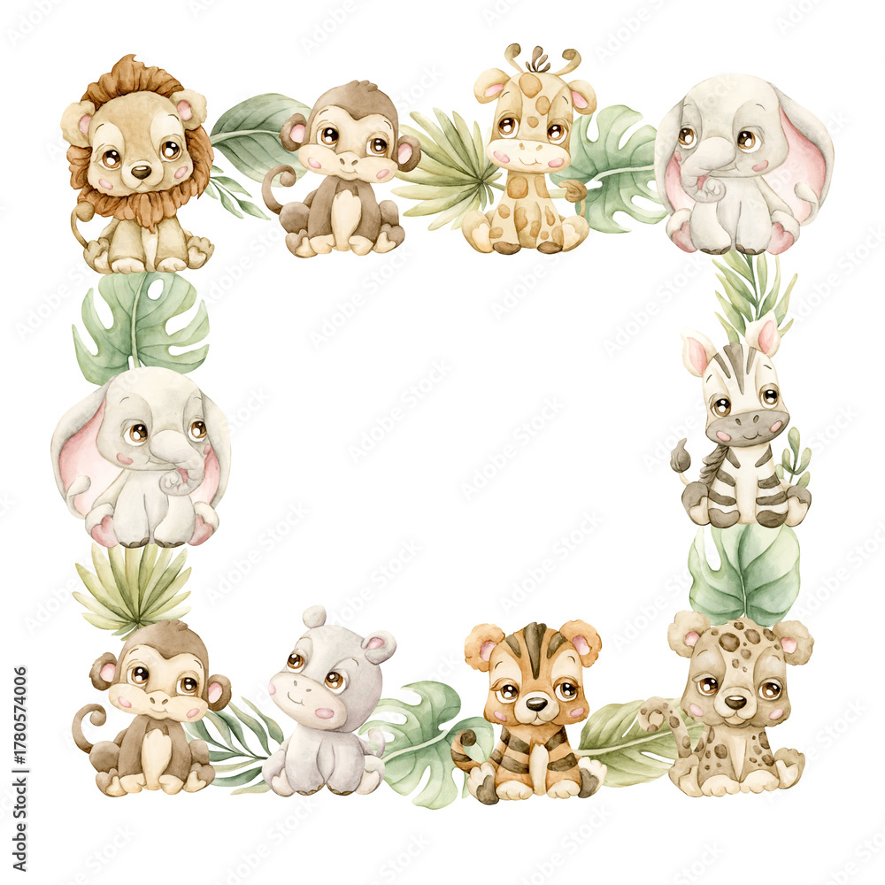 Obraz premium Cute Animals Plants Frame. Safari Jungle Tropical Exotic leaves Watercolor summer pastel neutral isolated illustration