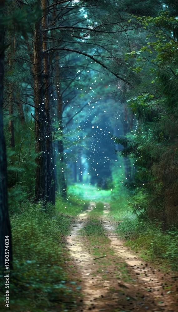 Naklejka premium Enchanted woodland trail illuminated by ethereal lights and magical atmosphere.