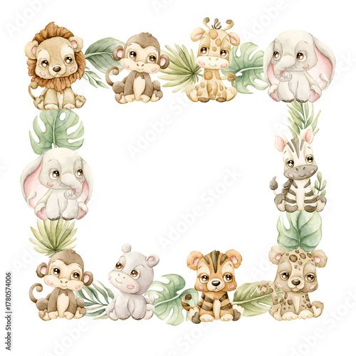 Cute Animals Plants Frame. Safari Jungle Tropical Exotic leaves Watercolor summer pastel neutral isolated illustration